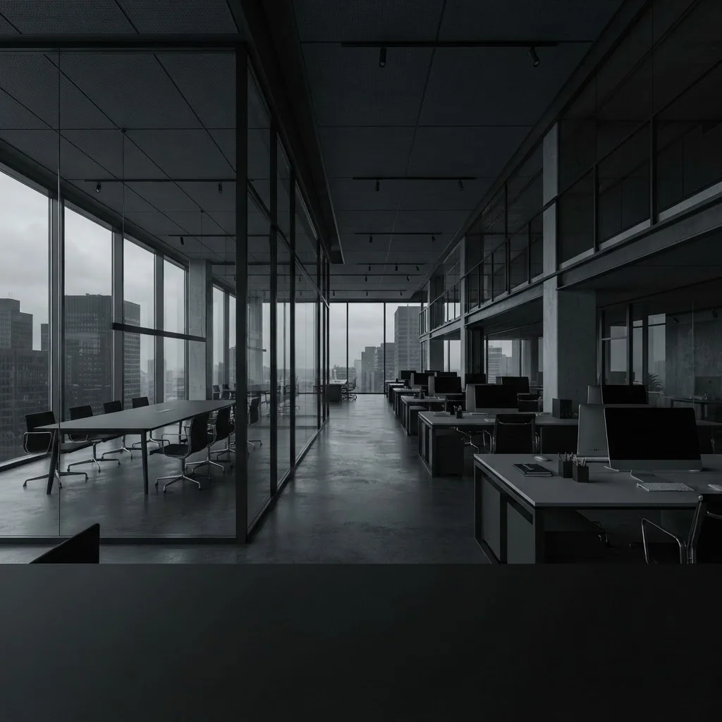 A modern glass-walled corporate office interior with a city view