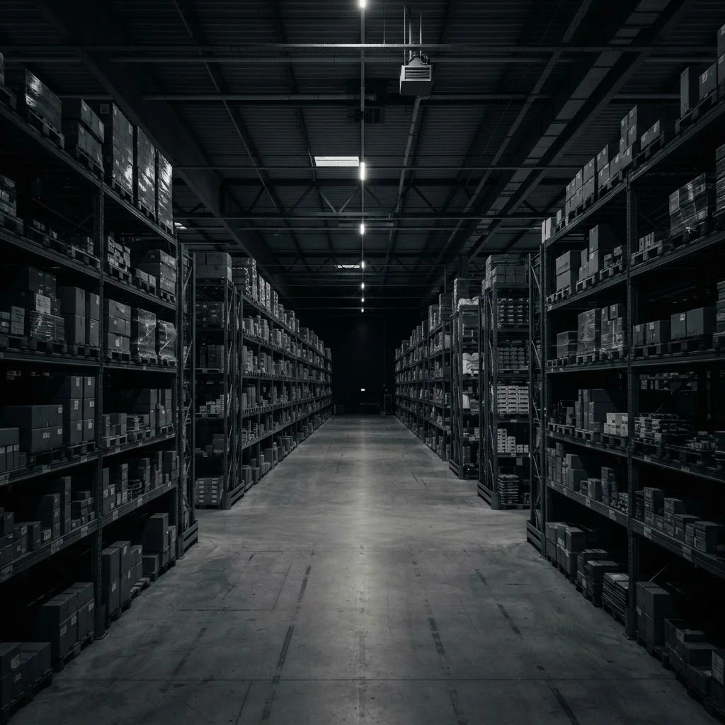 A modern distribution warehouse aisle lined with organized supply shelving