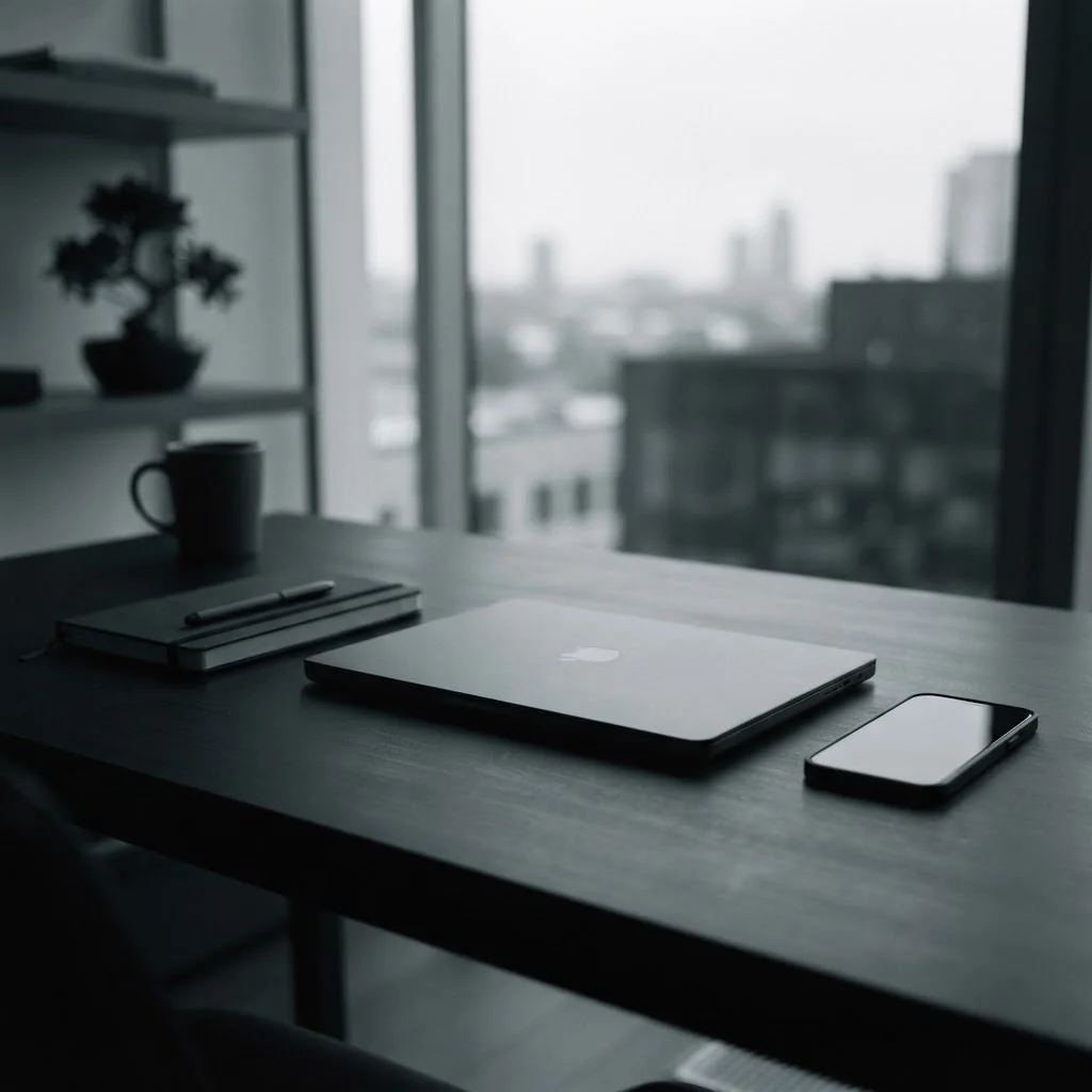 A clean modern office desk with a laptop, notebook, and phone by a window