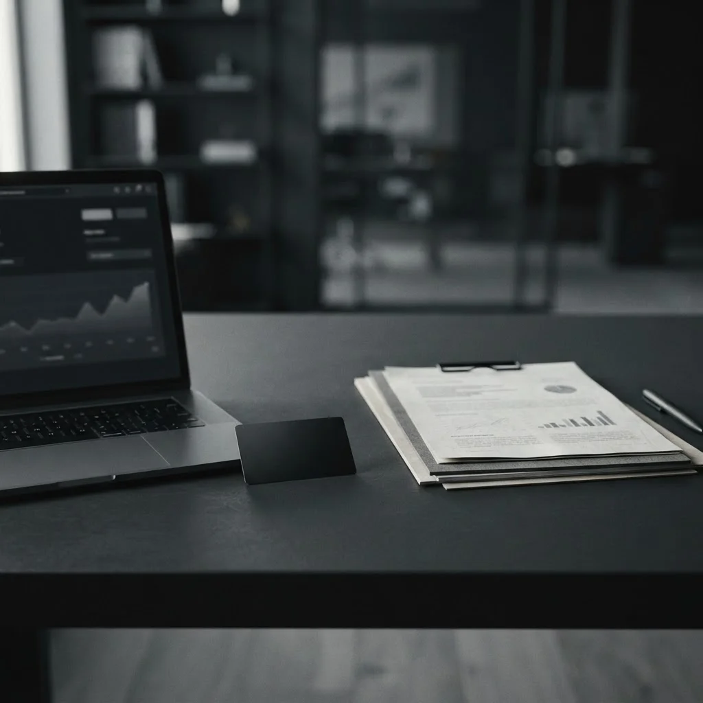 A modern desk with a laptop, payment card, and invoice documents