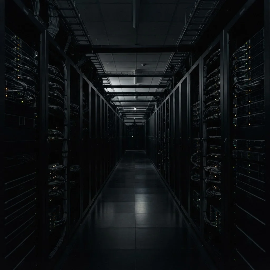 A dark data center aisle lined with rows of server racks